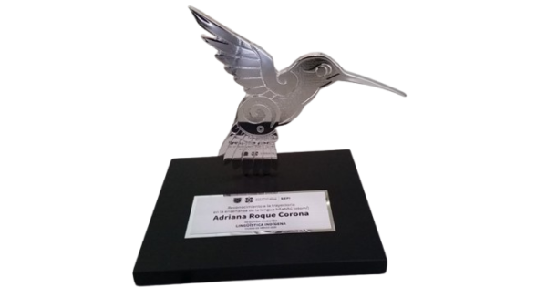 Reconocimiento colibri trerminado en Niquel brillante con base y placa